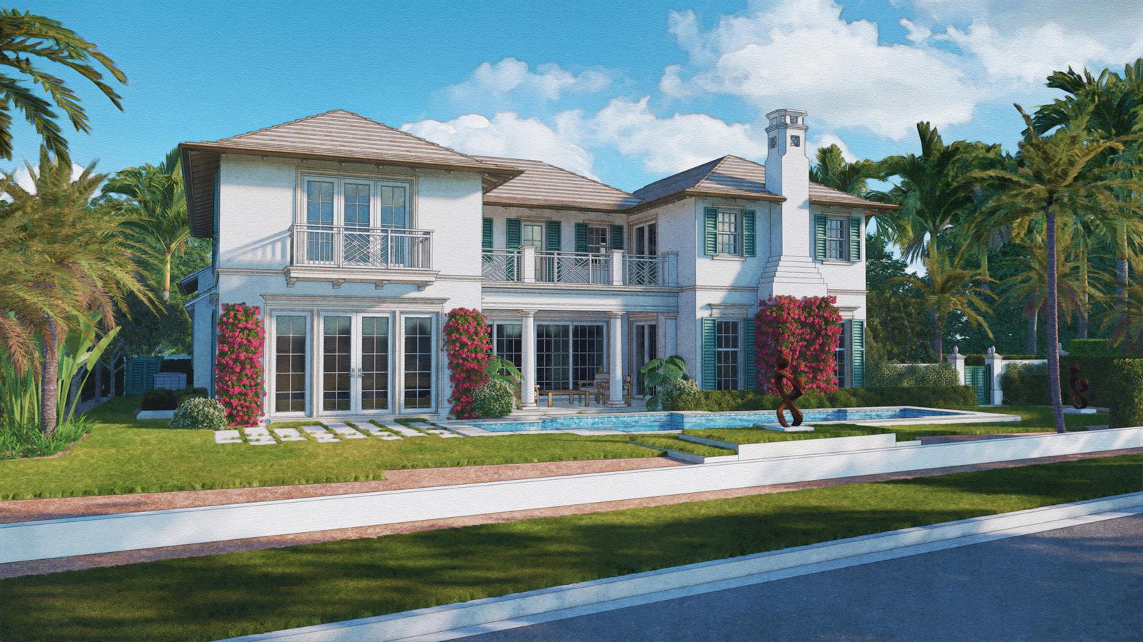 This is a rendering of a two-story white house with a pool and palm trees — 1421 N Lake Way, Palm Beach FL 33480, PALM BEACH, FL