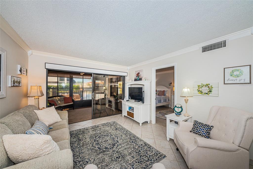 A living room features tile floors, a patterned area rug, and a sliding glass door — 6281 BAHIA DEL MAR BOULEVARD UNIT 105, ST PETERSBURG, FL
