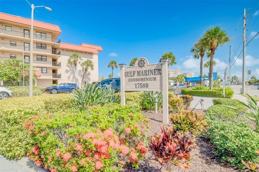 A sign for the Gulf Mariner Condominium stands in front of a multi-story building — 17580 GULF BOULEVARD UNIT 412, REDINGTON SHORES, FL