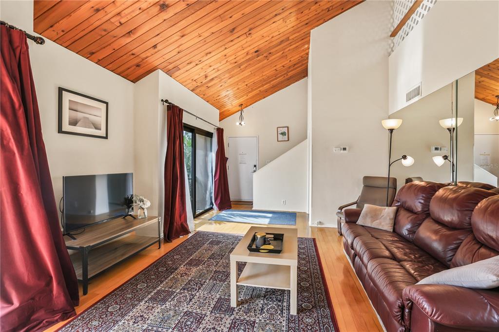 A living room features a vaulted wood-paneled ceiling, a leather sofa, and a patterned rug — 220 PASS KEY ROAD UNIT 220, SARASOTA, FL