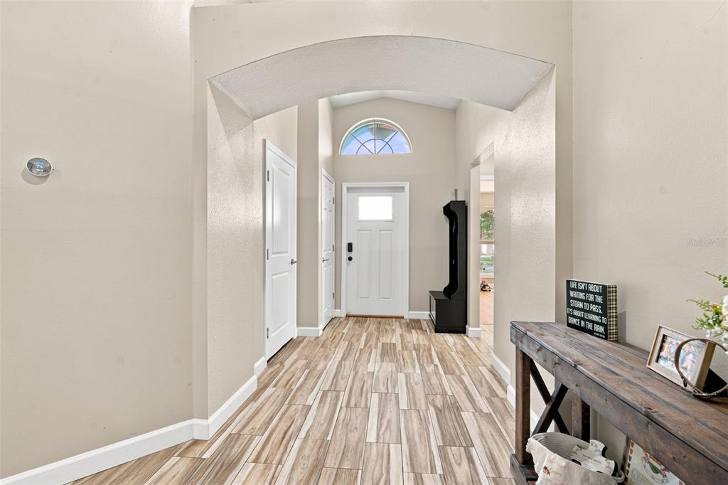 An entryway features wood-look tile flooring, an arched ceiling, and a white front door — 19517 ARDWICK WAY, LAND O LAKES, FL