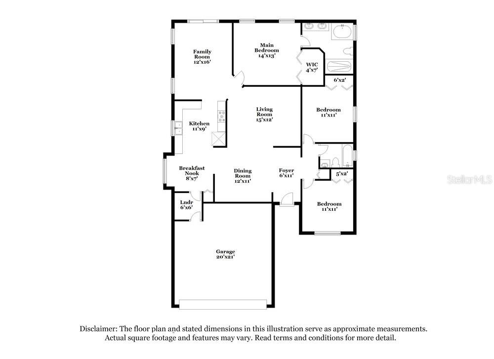 This floor plan shows a single-story house layout with three bedrooms, a garage, and living areas — 10832 RUSHWOOD WAY, CLERMONT, FL