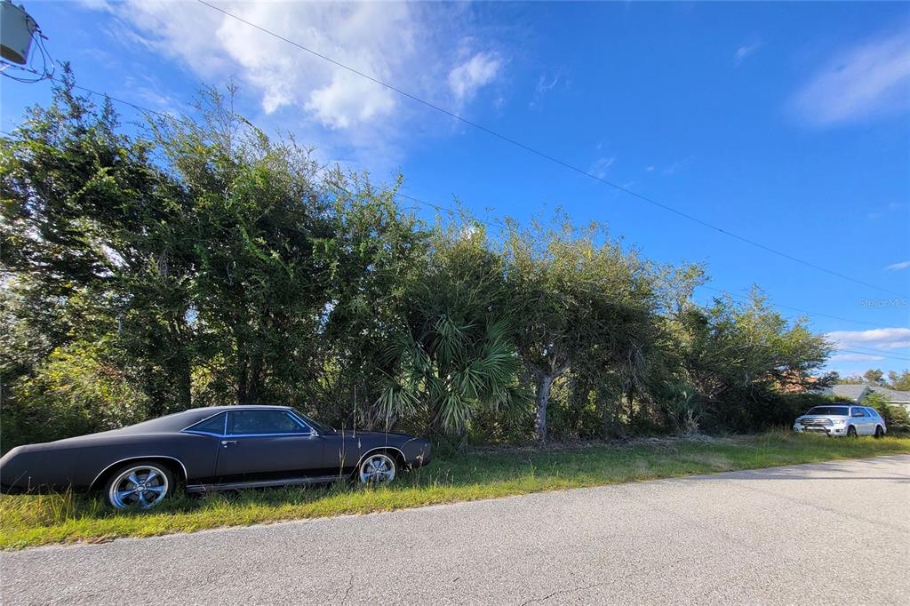 A black vintage car is parked on the grass in front of a wooded lot — 9213 & 9221 GENESEE STREET, PORT CHARLOTTE, FL