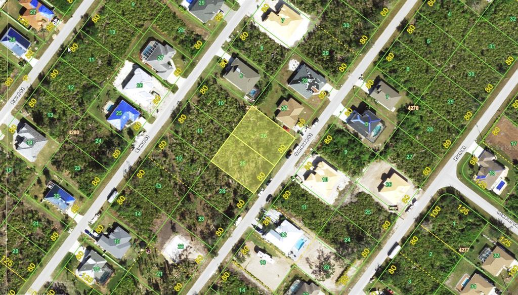 This is an aerial map view of a residential neighborhood with highlighted vacant lots — 9213 & 9221 GENESEE STREET, PORT CHARLOTTE, FL