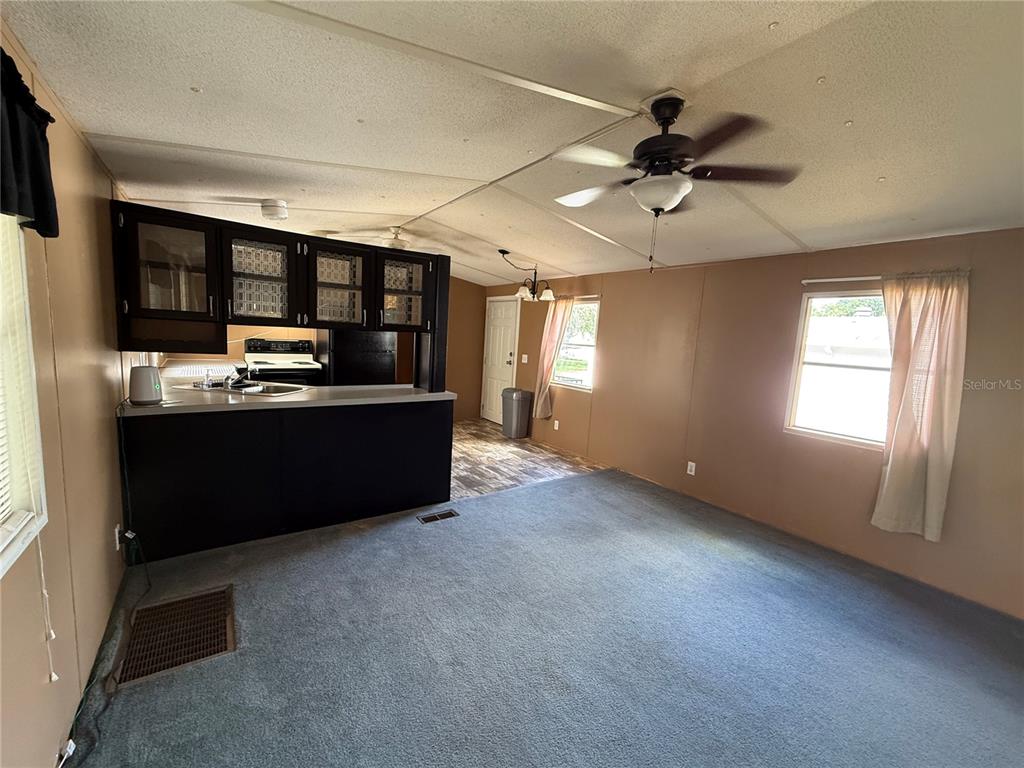 A living room with gray carpet leads to a kitchen featuring dark cabinets and counters — 806 NEW HAMPSHIRE AVENUE, WILDWOOD, FL