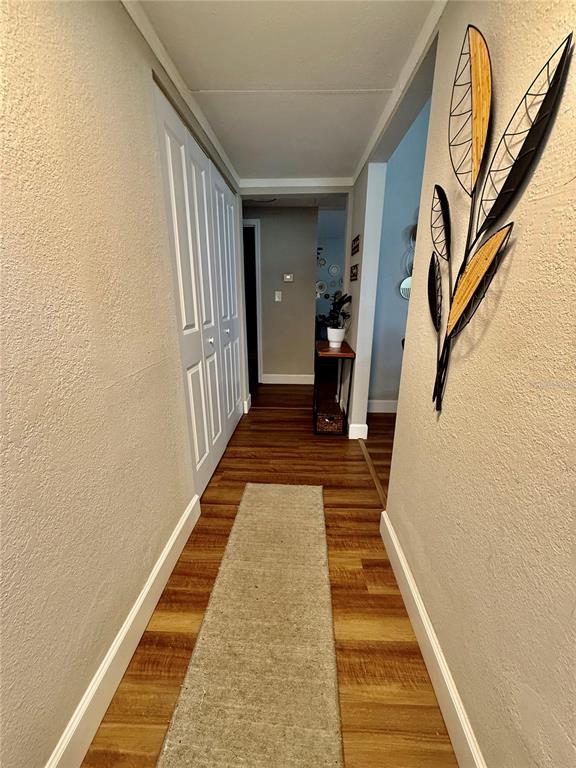 A hallway with wood-look flooring, a beige runner rug, white closet doors, and wall art — 217 KELLY STREET S, LAKE HAMILTON, FL