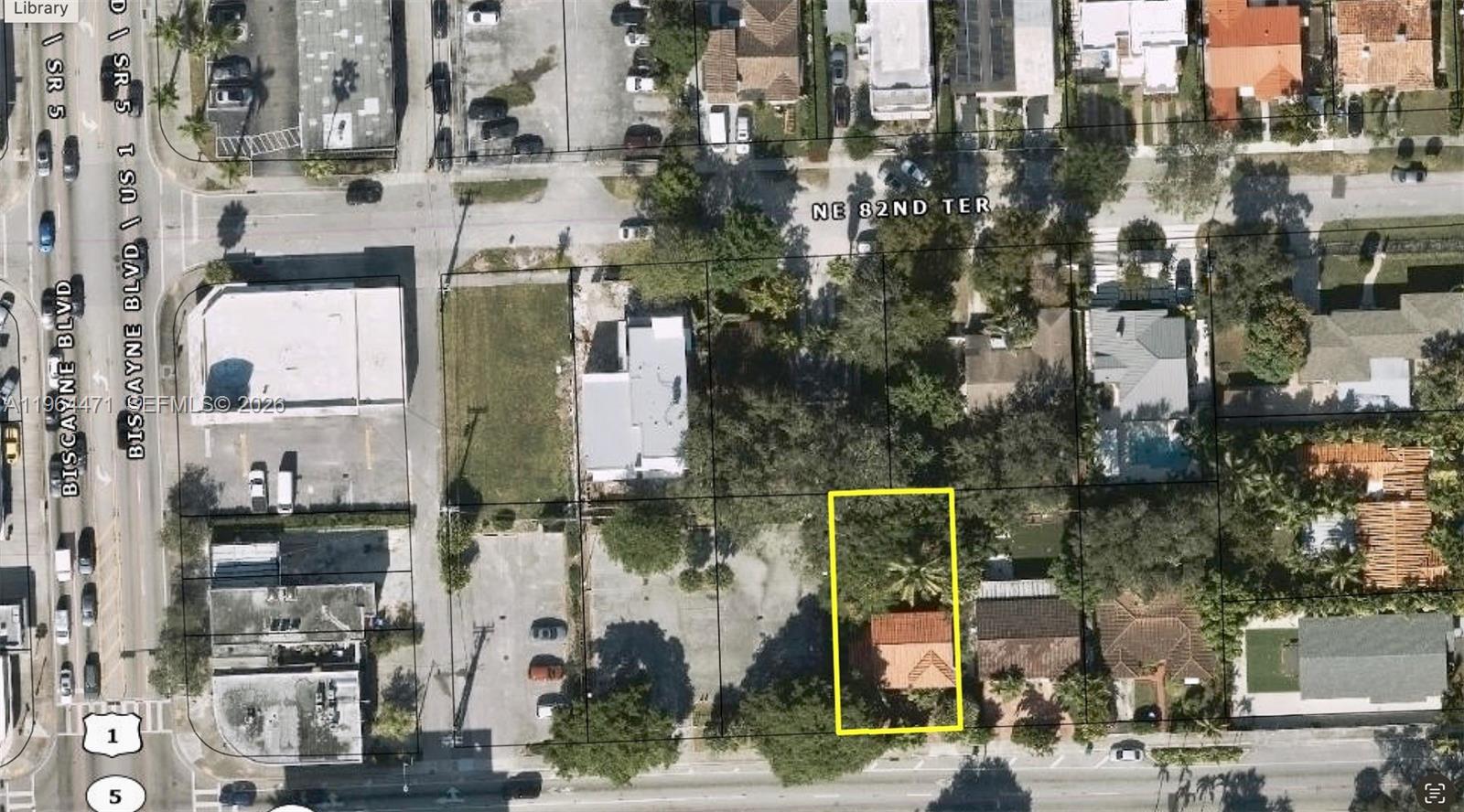 This aerial map shows a residential lot highlighted in yellow near a commercial street — 655 NE 82nd St, Miami FL 33138, MIAMI, FL