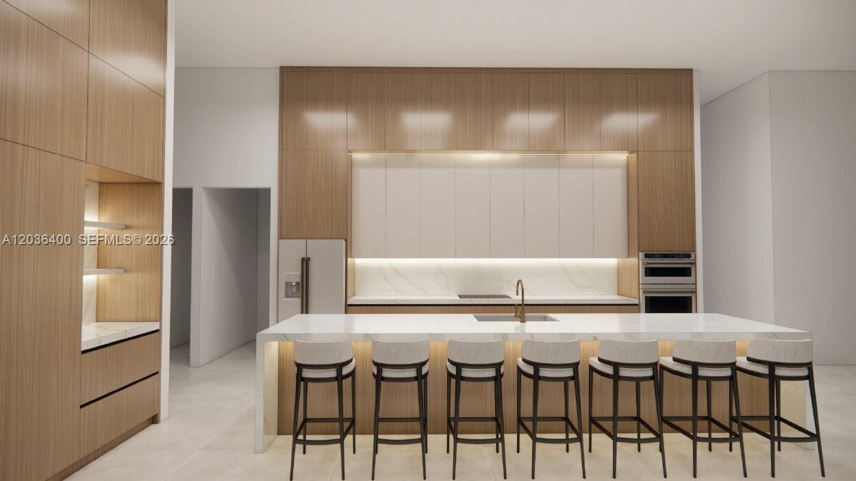 This rendering shows a modern kitchen with wood cabinetry, a white island, and six barstools — 12720 SW 188 ST, Miami FL 33177, MIAMI, FL
