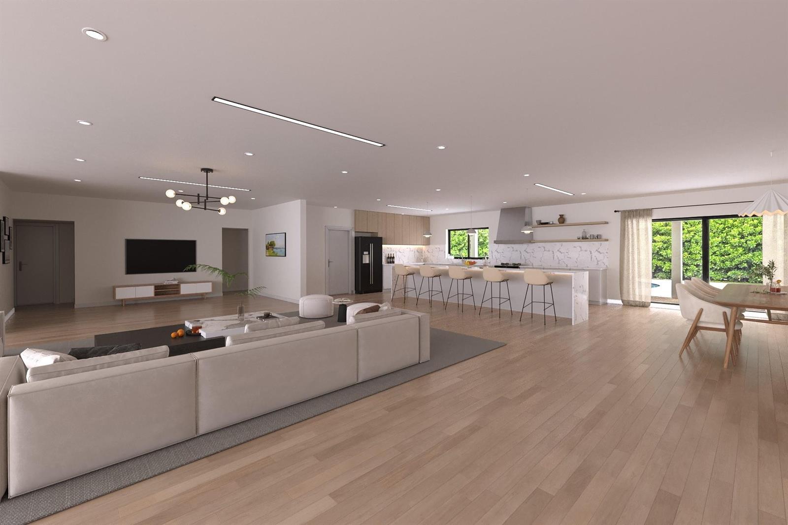 This is a rendering of an open-concept living area with a kitchen, dining space, and sofa — 2800 Palmer Drive, Hollywood FL 33021, HOLLYWOOD, FL