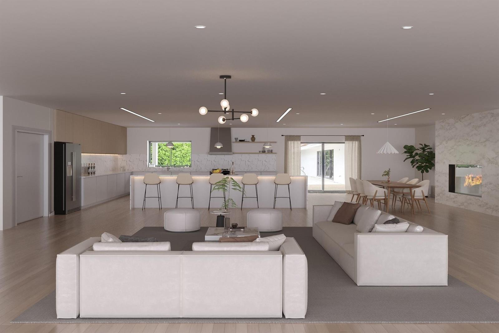 This is a rendering of an open-concept living area with a kitchen, dining, and lounge — 2800 Palmer Drive, Hollywood FL 33021, HOLLYWOOD, FL