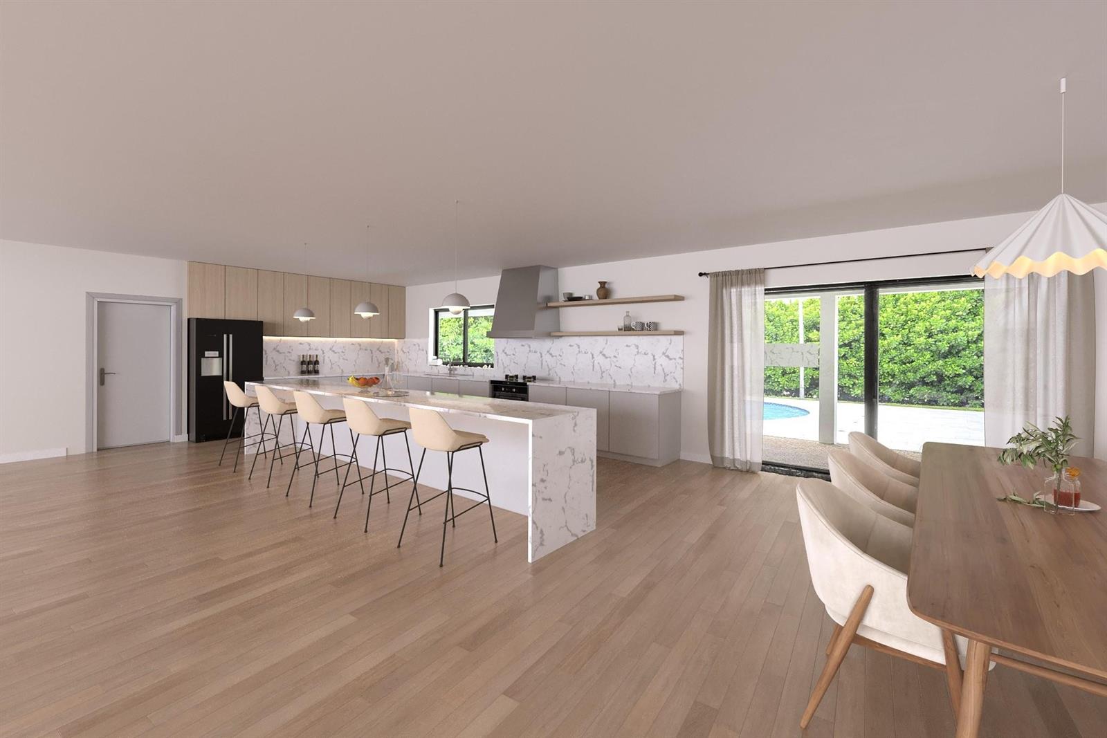 This rendering shows a modern open-concept kitchen and dining area with marble countertops and flooring — 2800 Palmer Drive, Hollywood FL 33021, HOLLYWOOD, FL