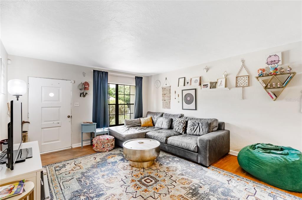 A living room features a grey sectional sofa, a patterned area rug, and wall decor — 3742 MARTIN STREET, ORLANDO, FL