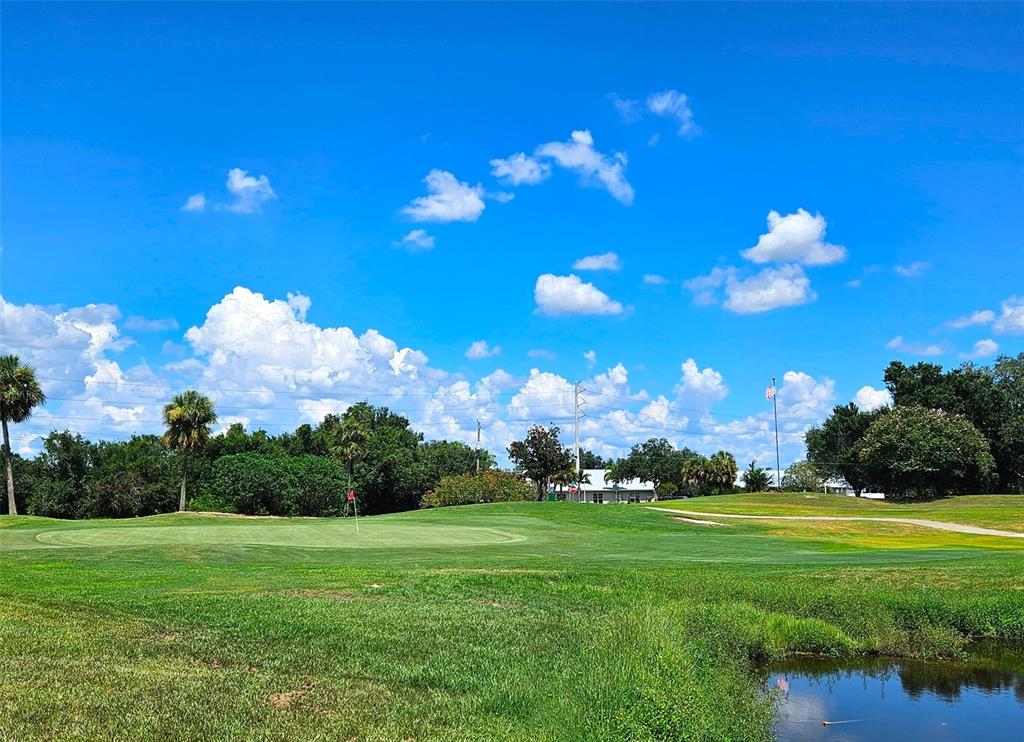 A golf course green with a flag, palm trees, and a small pond under blue skies — 1394 SAXONY CIRCLE, PUNTA GORDA, FL