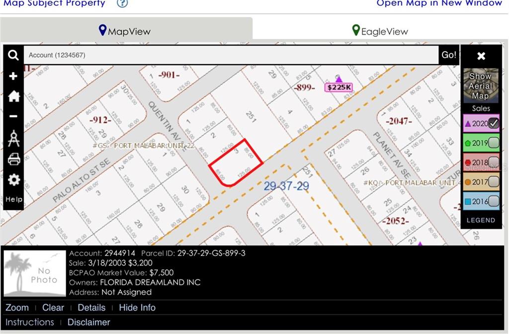 This image is a digital map showing property parcel boundaries and ownership details for a lot — 200 TODD STREET SE, PALM BAY, FL