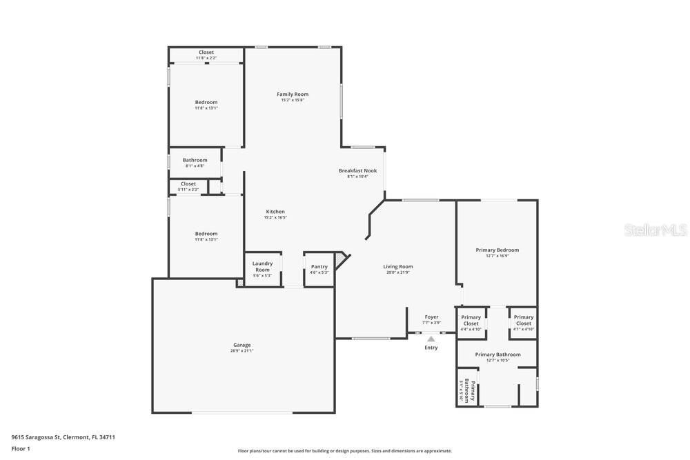 This is a floor plan of a single-story residential home with a garage — 9615 SARAGOSSA STREET, CLERMONT, FL