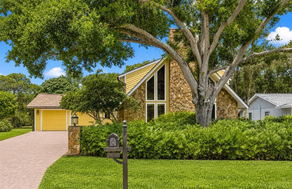 A yellow house with a stone chimney and a large tree in the front yard — 1944 LEVINE LANE, CLEARWATER, FL