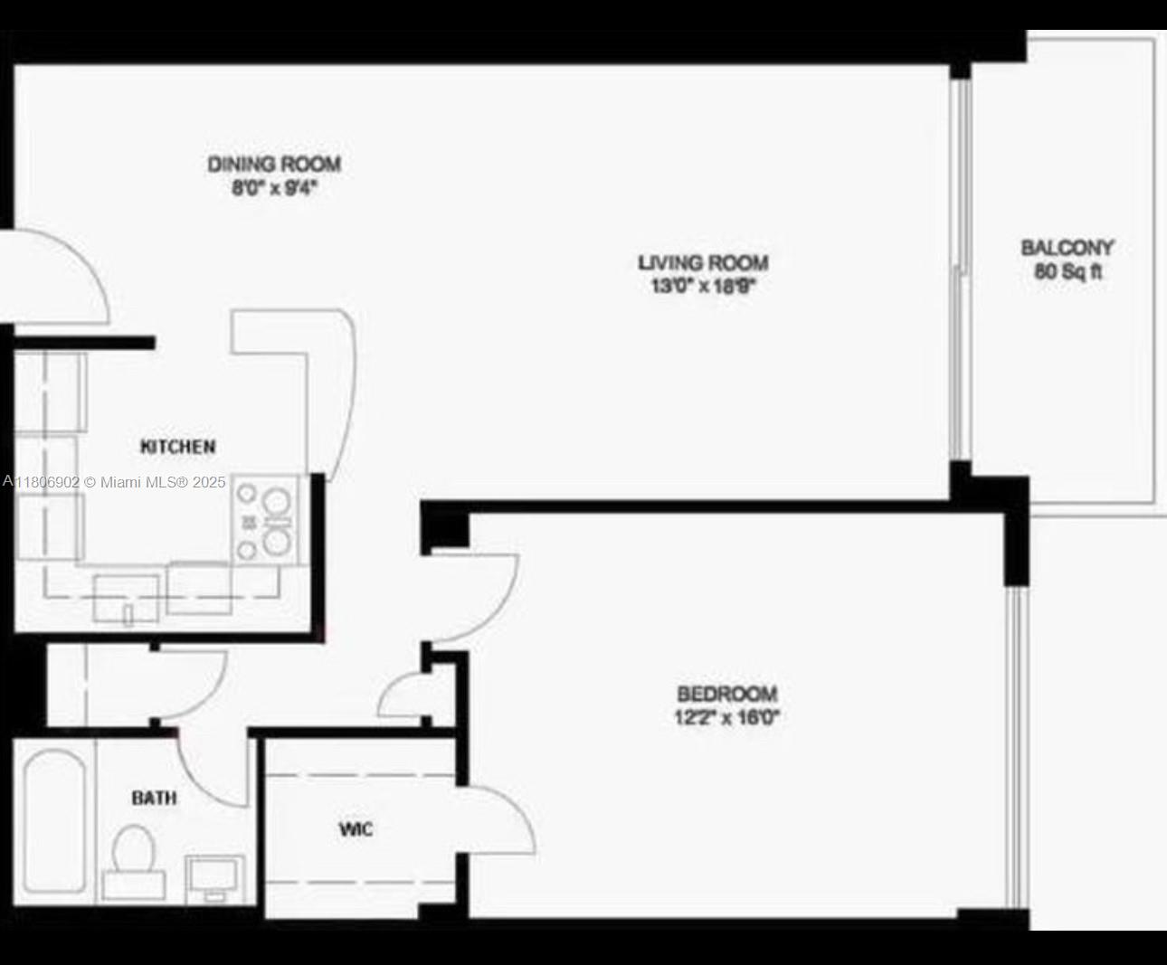 This floor plan shows a one-bedroom apartment with a kitchen, living area, and balcony — 1500 Bay Rd # 1532S, Miami Beach FL 33139, MIAMI BEACH, FL