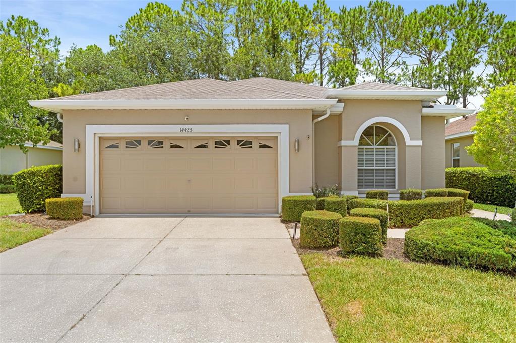 A single-story house with a beige stucco exterior, a two-car garage, and manicured landscaping — 14425 STERLING RUN, SPRING HILL, FL