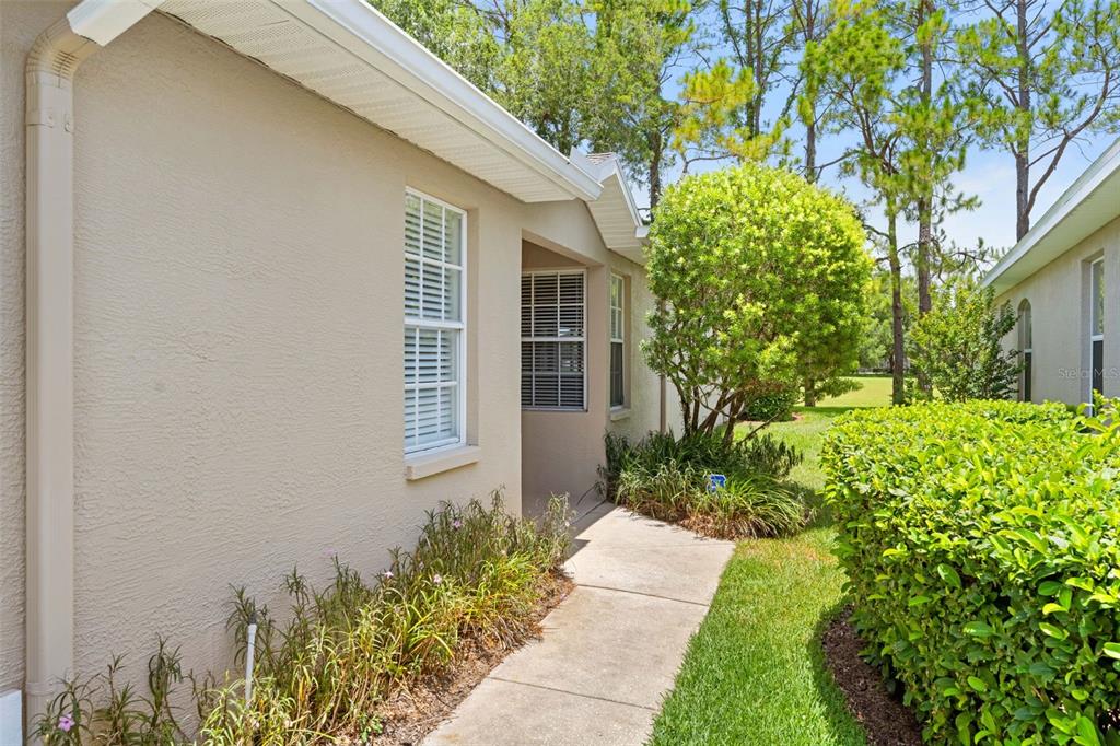 A concrete walkway leads to the entrance of a beige house with a green hedge — 14425 STERLING RUN, SPRING HILL, FL