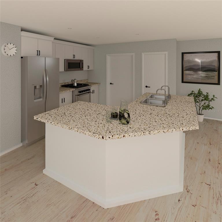 This is a digital rendering of a kitchen featuring white cabinets and a speckled countertop — 76 SW COURT COURT SW, DUNNELLON, FL