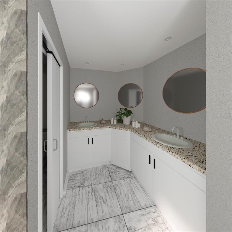 This is a rendering of a bathroom with white cabinets, speckled countertops, and marble flooring — 76 SW COURT COURT SW, DUNNELLON, FL