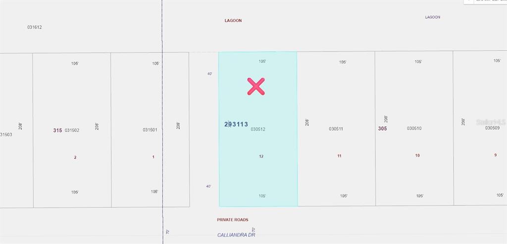 This is a property map showing a highlighted rectangular lot labeled with the number 12 — 1024 CALLIANDRA DRIVE, INDIAN LAKE ESTATES, FL
