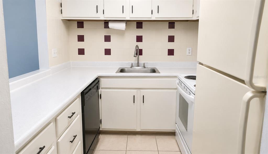 A small kitchen features white cabinets, a stainless steel sink, and a black dishwasher — 1500 VIRGINIA AVENUE UNIT 209, DAYTONA BEACH, FL