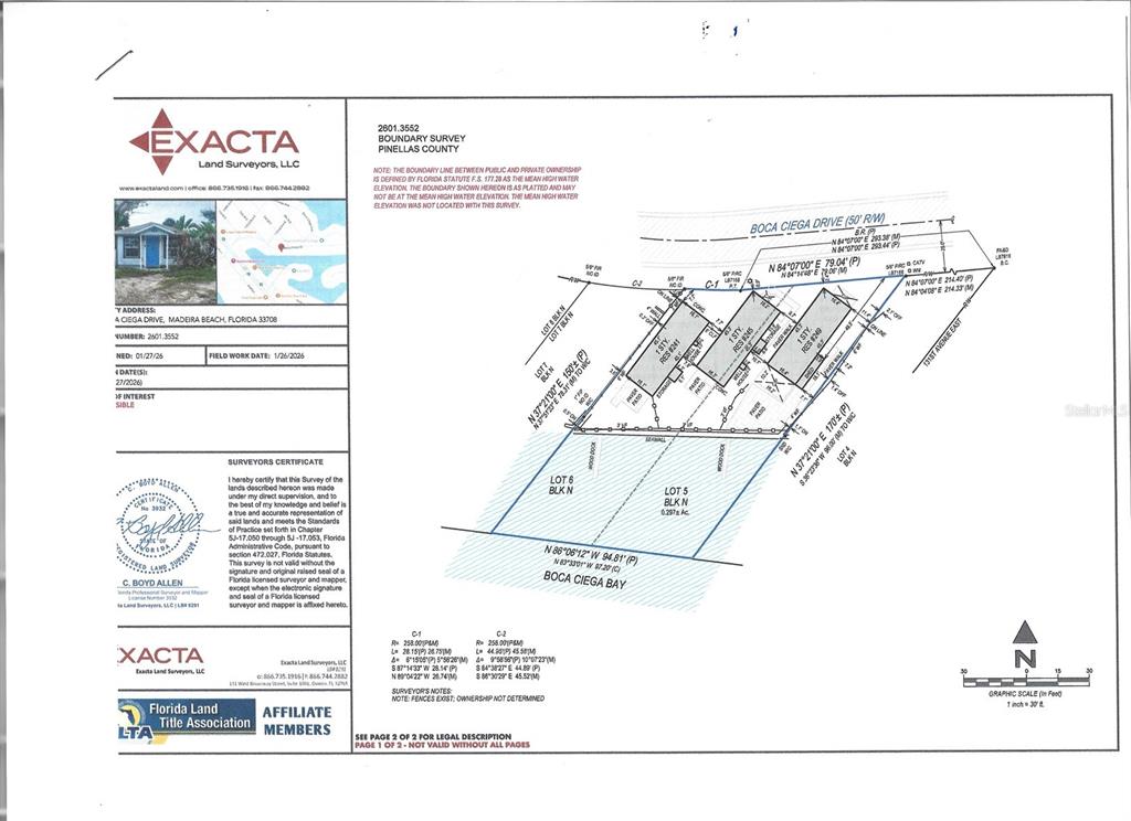 This is a boundary survey map showing the property lines and structures of a waterfront lot — 249 BOCA CIEGA DRIVE, MADEIRA BEACH, FL