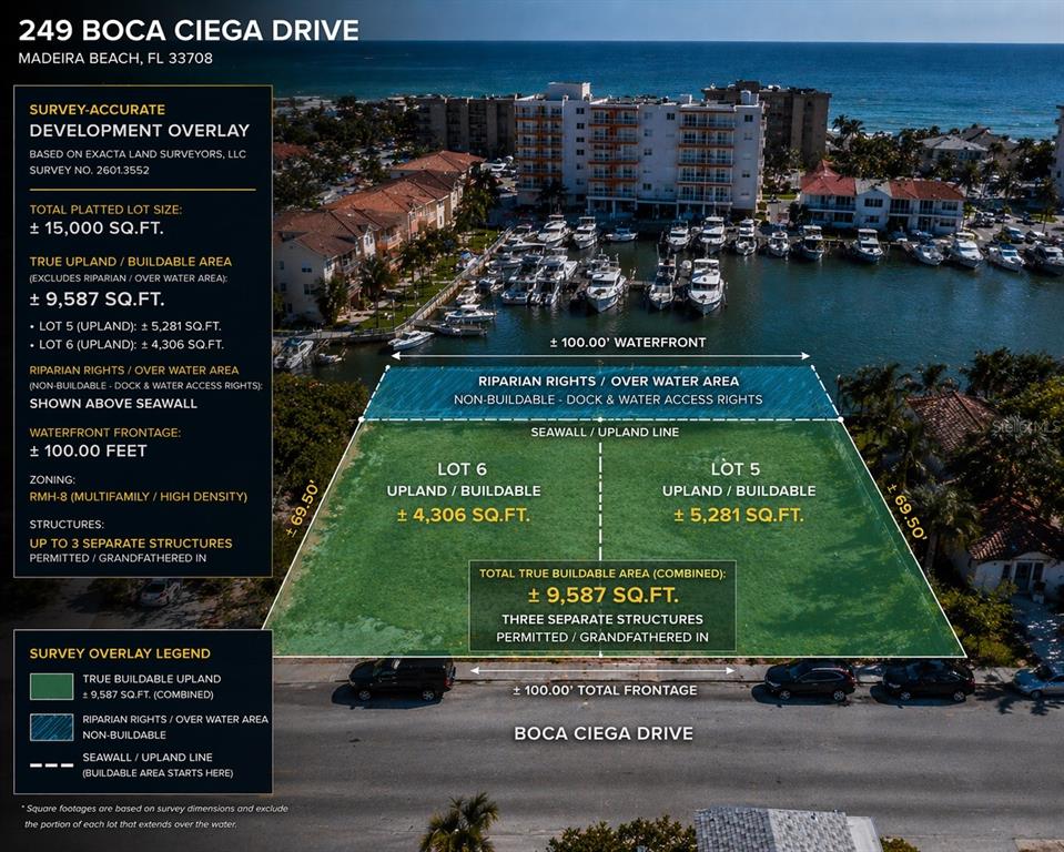 This aerial map shows two adjacent waterfront lots with buildable upland areas and riparian rights — 249 BOCA CIEGA DRIVE, MADEIRA BEACH, FL