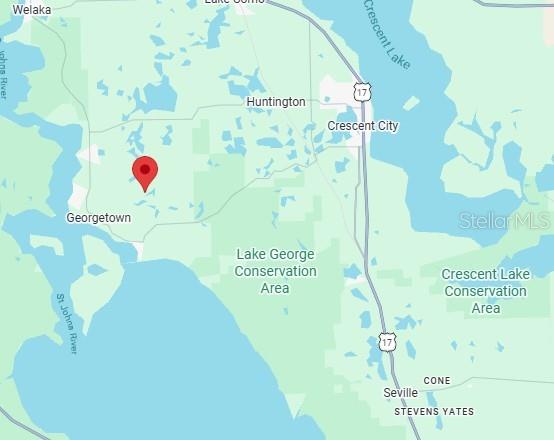 This is a map showing the location of a property near Georgetown and Crescent City — 136 SHOREWOOD STREET, GEORGETOWN, FL