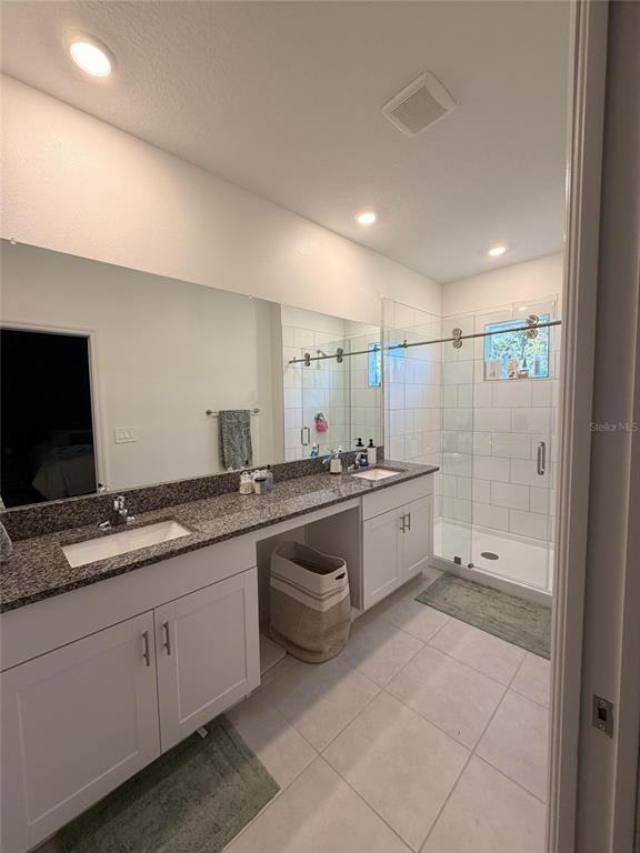 A bathroom features a double vanity with granite countertops, white cabinetry, and a glass-enclosed shower — 10805 FANNING SPRINGS COURT, TAMPA, FL