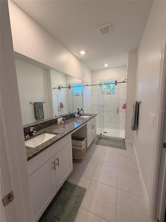 A bathroom features a granite-topped vanity, white cabinets, and a glass-enclosed walk-in shower — 10805 FANNING SPRINGS COURT, TAMPA, FL