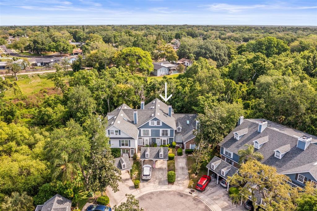 An aerial view shows a multi-story residential building with a gray roof and blue siding — 312 WINCHESTER WAY, PALM HARBOR, FL