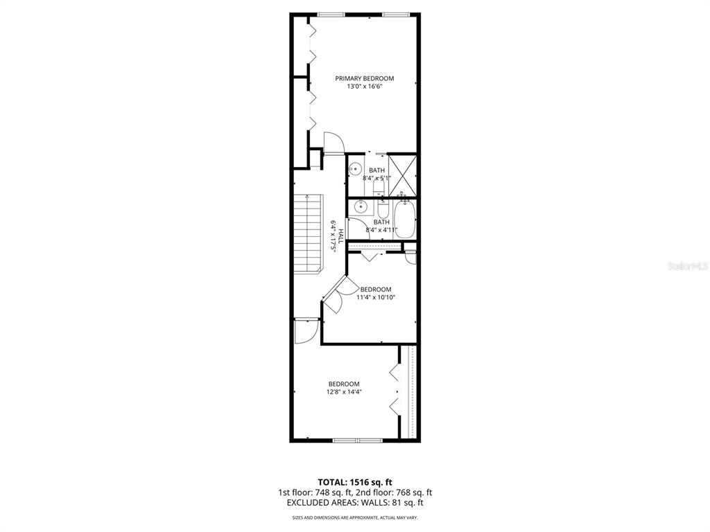 This is a floor plan showing the layout of a three-bedroom, two-bathroom upper level — 312 WINCHESTER WAY, PALM HARBOR, FL