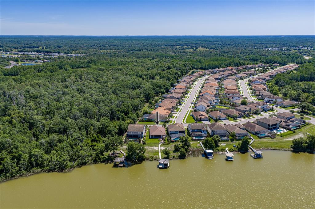 An aerial view shows a residential neighborhood with houses bordering a lake and forest — 6743 SUNSET VISTA WAY, LAND O LAKES, FL