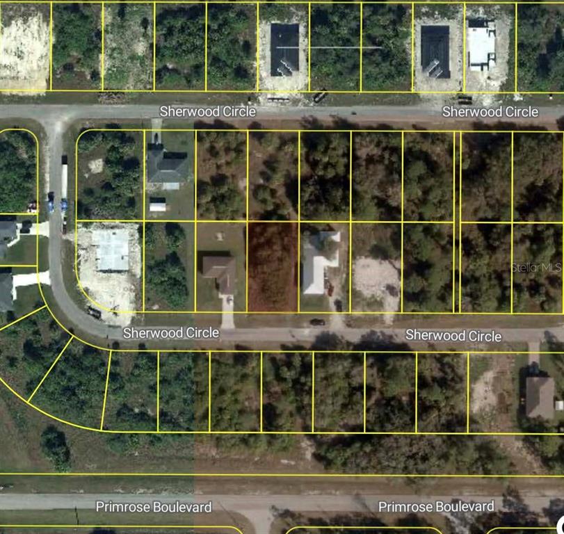 An aerial map view shows residential lots and houses along Sherwood Circle and Primrose Boulevard — 8022 SHERWOOD CIRCLE, LABELLE, FL