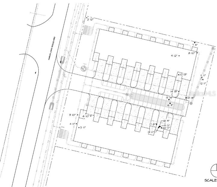 This is a site plan rendering showing the layout of two multi-unit buildings and parking — MARION OAKS BOULEVARD, OCALA, FL