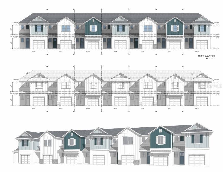 This architectural rendering shows the front elevations of a multi-unit townhouse building — MARION OAKS BOULEVARD, OCALA, FL