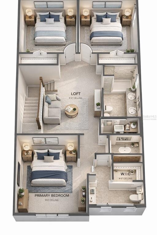 This 3D floor plan shows the upper level of a home with three bedrooms and bathrooms — MARION OAKS BOULEVARD, OCALA, FL