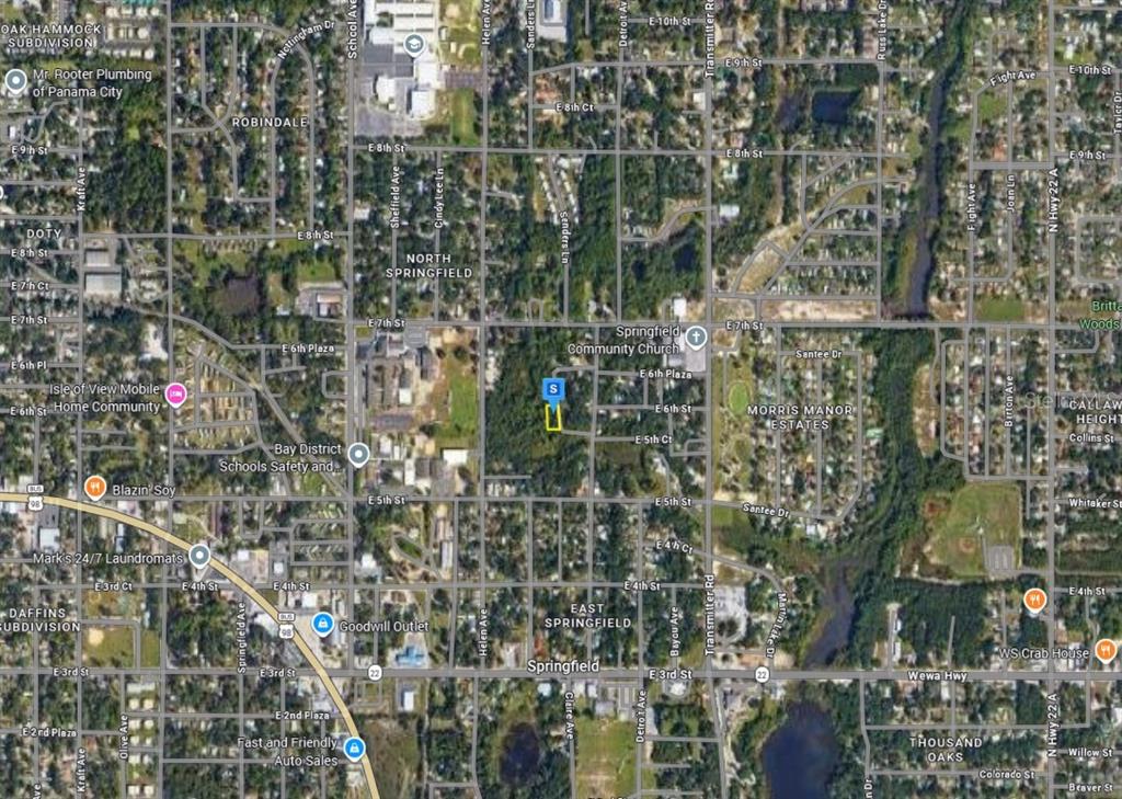 This is a map showing a residential area in Springfield, Florida, with a highlighted property — 525 SANDERS LANE, PANAMA CITY, FL