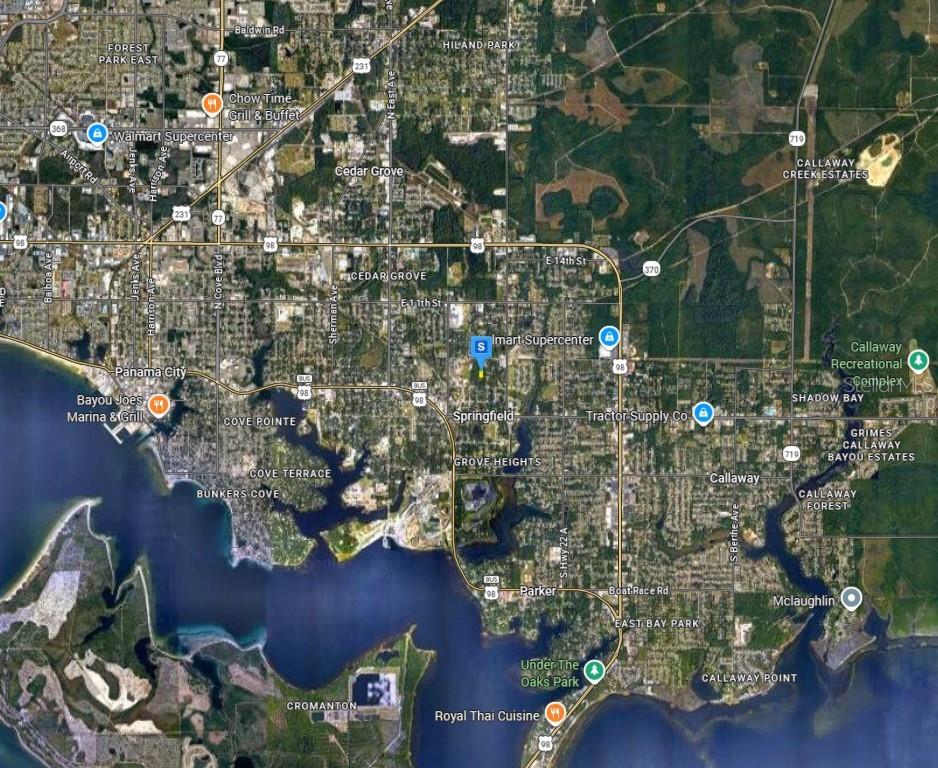 This is a satellite map showing Panama City, Springfield, and Callaway in Florida — 525 SANDERS LANE, PANAMA CITY, FL