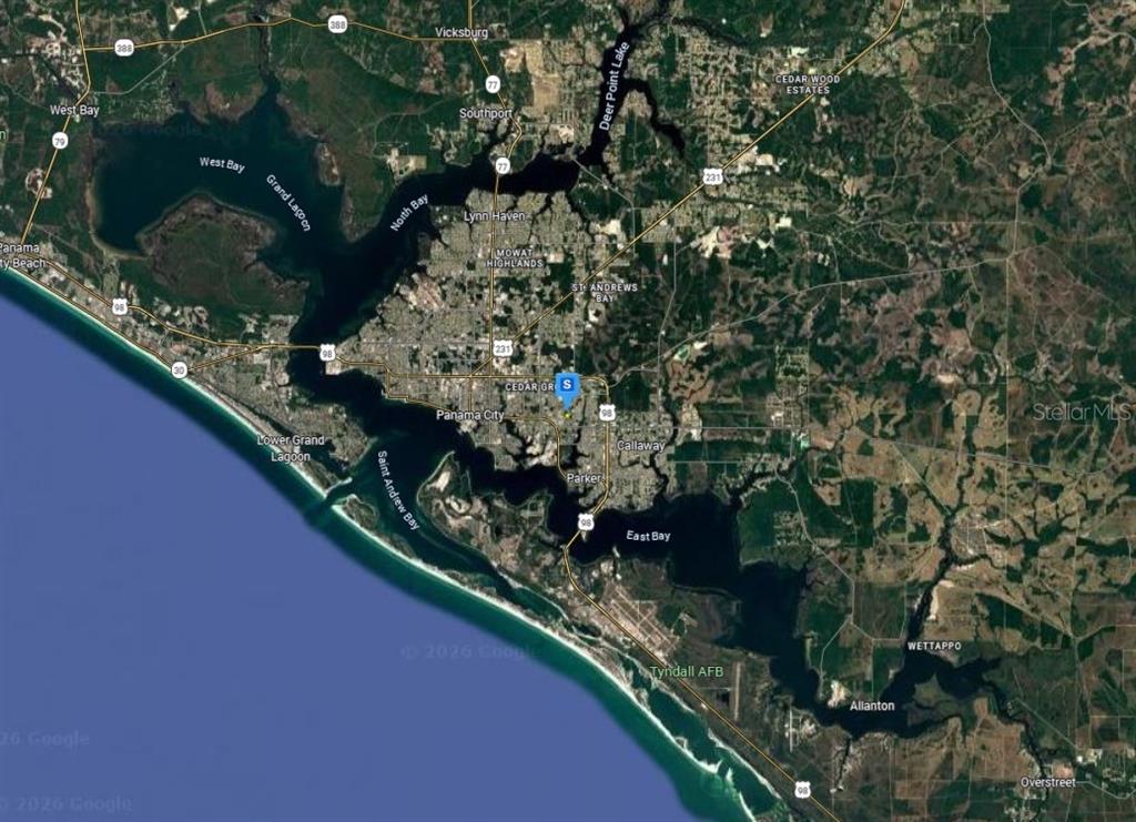 This is a satellite map showing the Panama City, Florida area and surrounding waterways — 525 SANDERS LANE, PANAMA CITY, FL