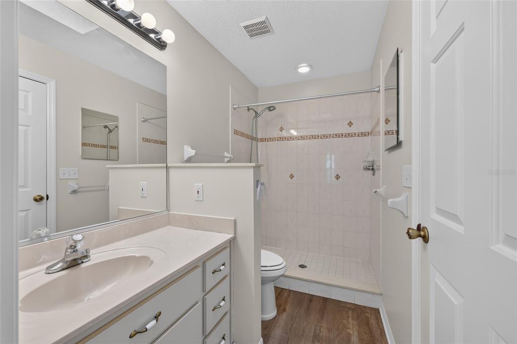 A bathroom features a vanity with a sink, a walk-in shower, and wood-look flooring — 3928 NE 22ND STREET, OCALA, FL