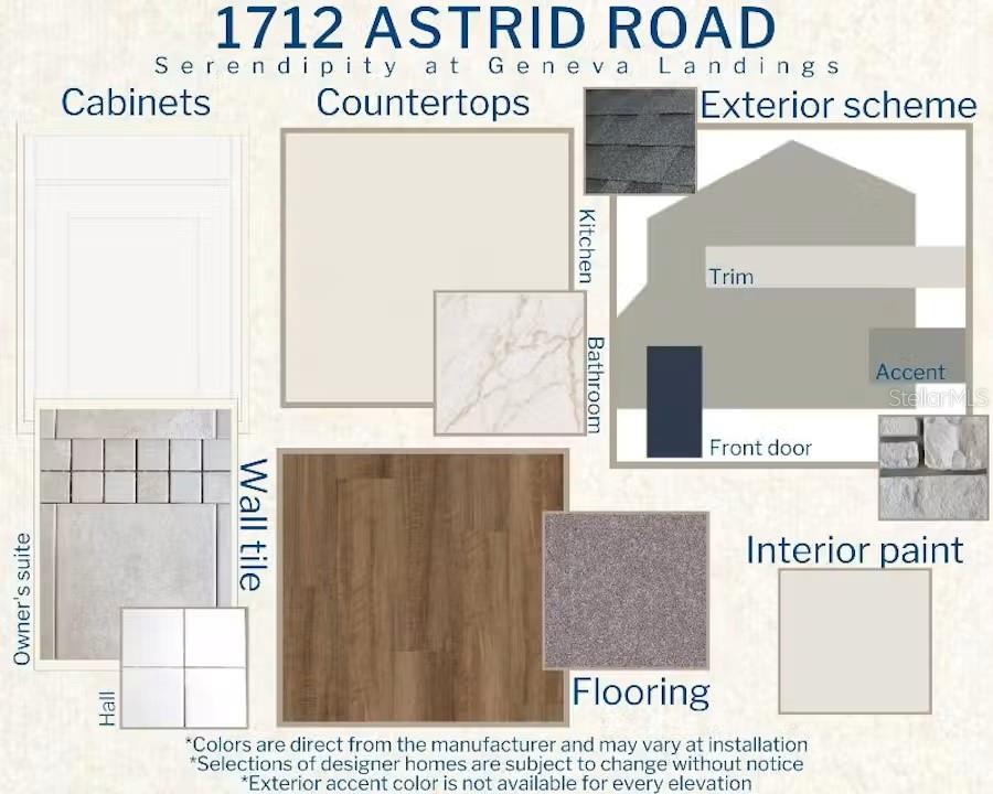 This design board displays interior and exterior finish samples for a residential property — 1712 ASTRID ROAD, DAVENPORT, FL