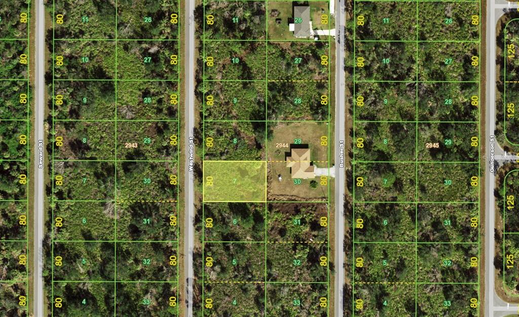 This is a satellite map showing residential lots and a house on a street — 2170 WESTWIND STREET, PORT CHARLOTTE, FL