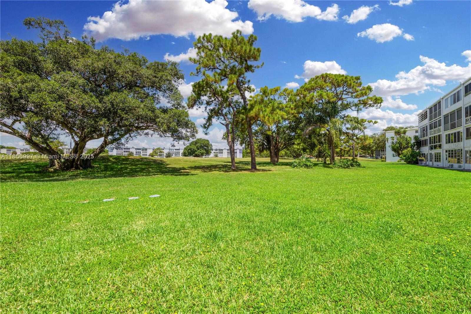 A large grassy lawn sits in front of mature trees and a multi-story apartment building — 1010 Ellesmere A # 1010, Deerfield Beach FL 33442, DEERFIELD BEACH, FL