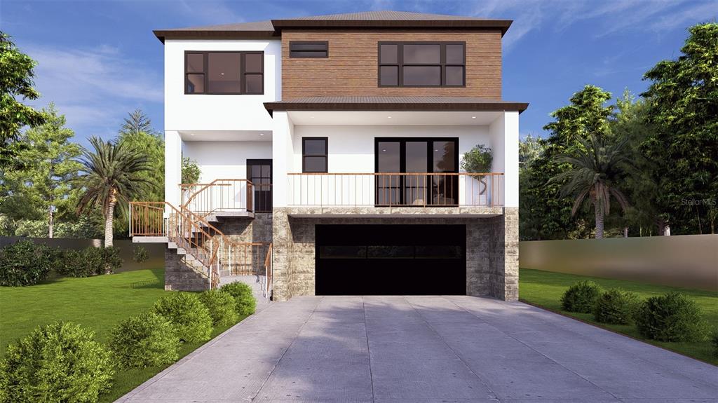 This is a rendering of a modern three-story house with a garage and exterior staircase — 4111 ARKANSAS AVENUE NE, ST PETERSBURG, FL