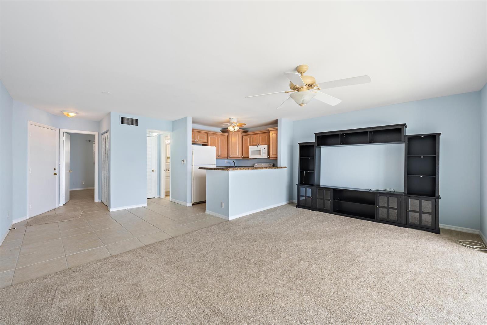 A living room with beige carpet, light blue walls, and an open kitchen with cabinetry — 400 Wilma Circle # 206, Riviera Beach FL 33404, RIVIERA BEACH, FL