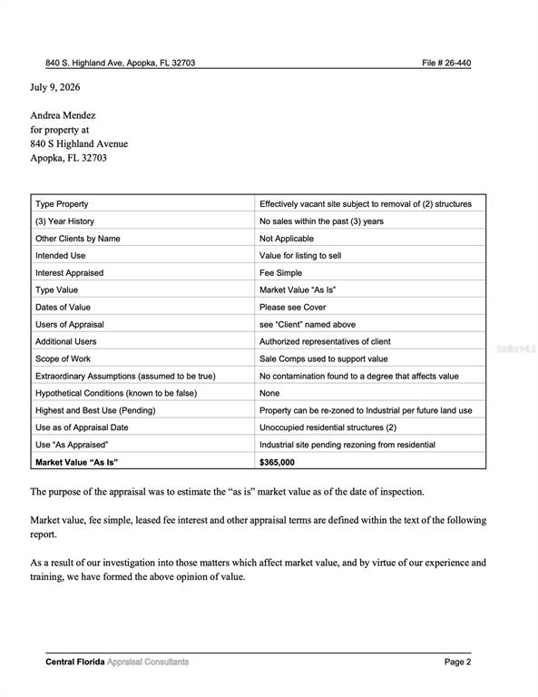 This document is an appraisal report page detailing property information, valuation, and intended use — 840 S HIGHLAND AVENUE, APOPKA, FL