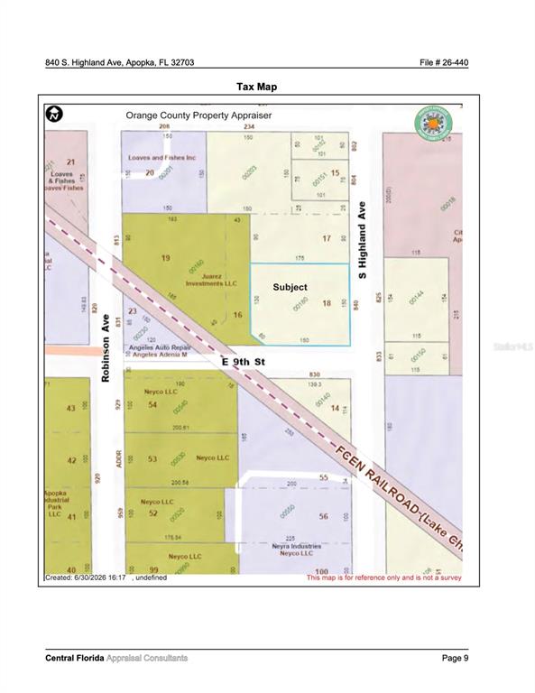 This is a tax map showing property boundaries and parcel numbers in Apopka, Florida — 840 S HIGHLAND AVENUE, APOPKA, FL